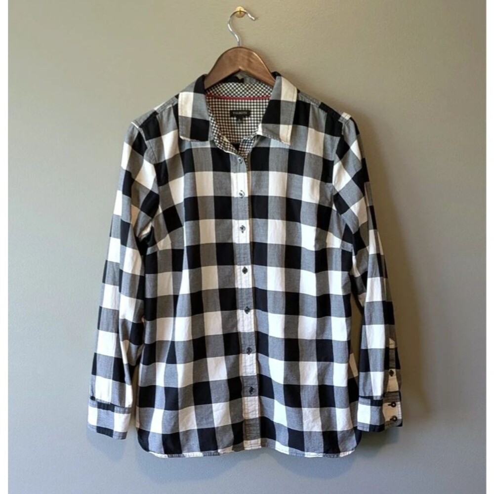 Talbots Womens Large Black White Plaid Classic Cotton Shirt Lumberjack Check L